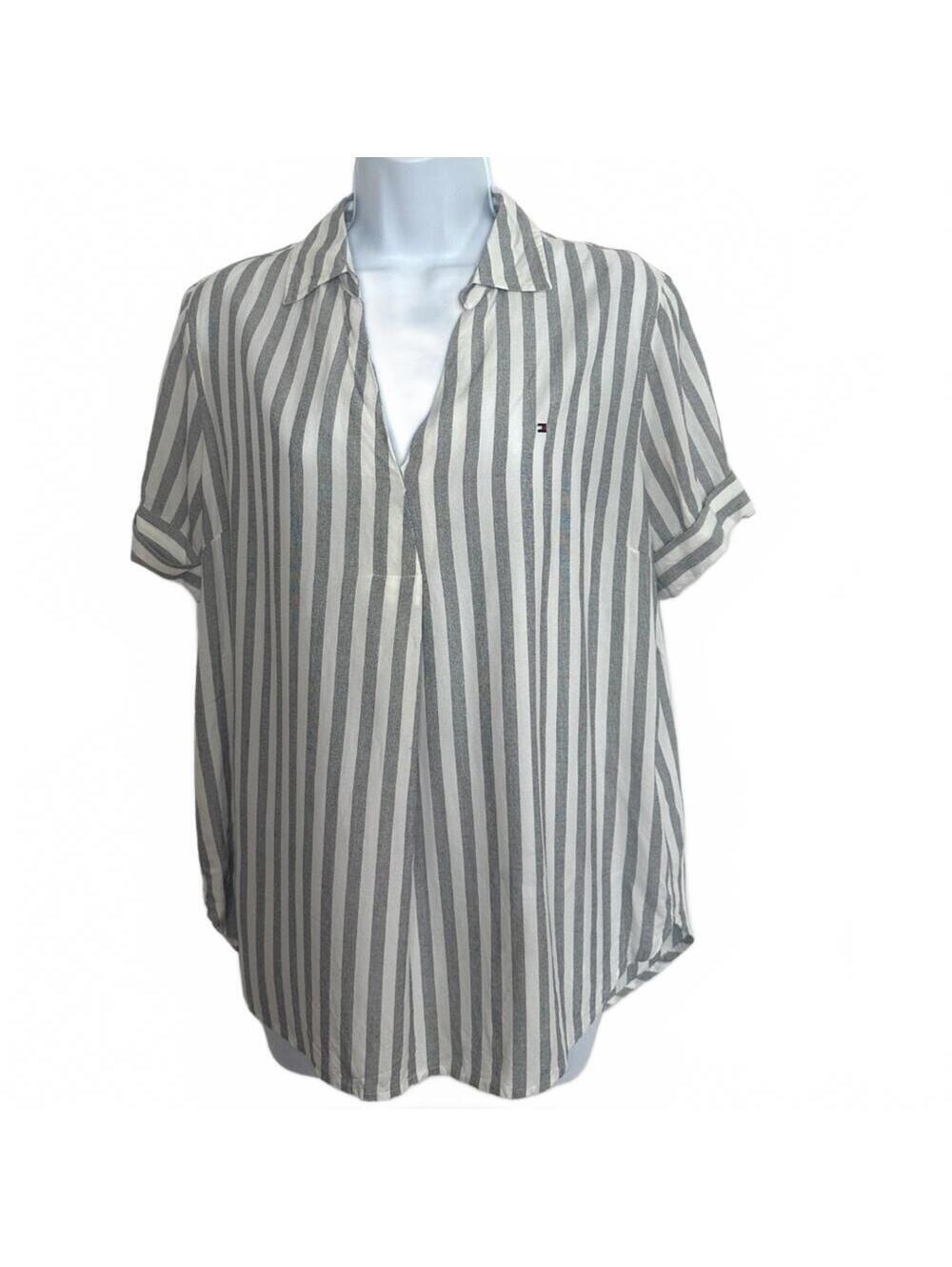 Tommy Hilfiger Striped Blouse Medium High Low Short Sleeve Split V Neck Top
